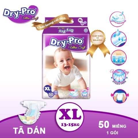  Tã/bỉm dán Dry-Pro siêu mềm nhập khẩu Malaysia size XL50 (13kg - 15kg) - Gói 50 miếng 