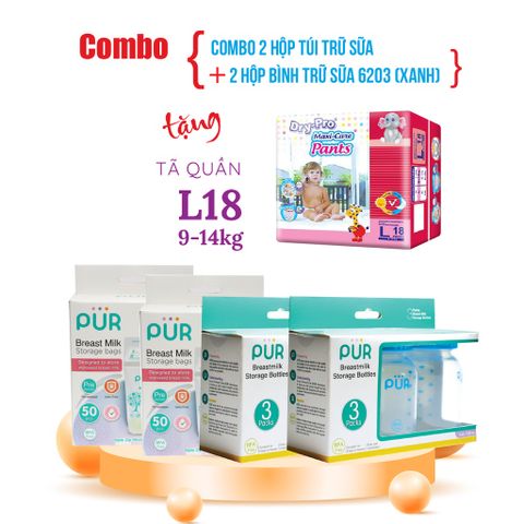  Combo 2 hộp Túi trữ sữa Pur (50 túi/hộp) + 2 hộp bình trữ sữa Pur (3 bình/hộp) + tặng 1 gói tã bỉm cho bé 