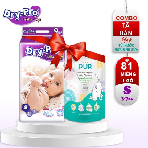  Combo tã/bỉm dán Dry-Pro S81 (3kg - 7kg) + tặng Túi nước rửa bình sữa Pur 450ml 