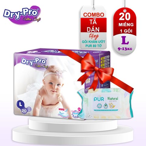  Combo Tã/bỉm dán Dry-Pro L20 (9kg-13kg) + tặng 1 gói khăn ướt Pur 80 tờ cho bé 