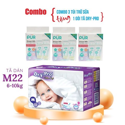  Combo 3 hộp Túi trữ sữa Pur (50 túi/hộp) + tặng 1 gói tã bỉm cho bé 