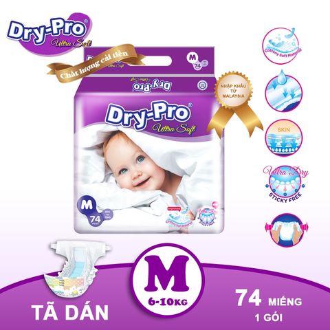  Tã/bỉm dán Dry-Pro siêu mềm nhập khẩu Malaysia size M74 (6kg - 10kg) - Gói 74 miếng 