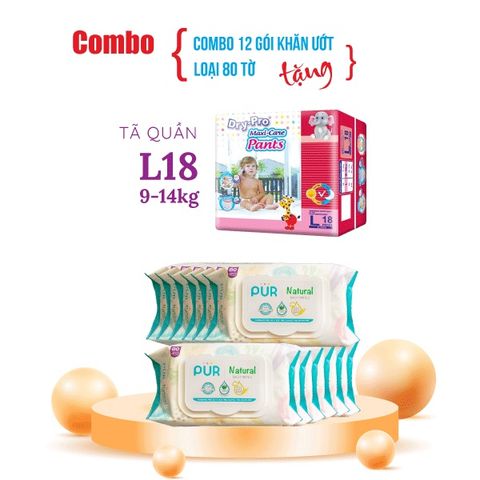  Combo 12 gói khăn giấy ướt Pur thành phần tự nhiên + Tặng 1 gói tã bỉm cho bé 