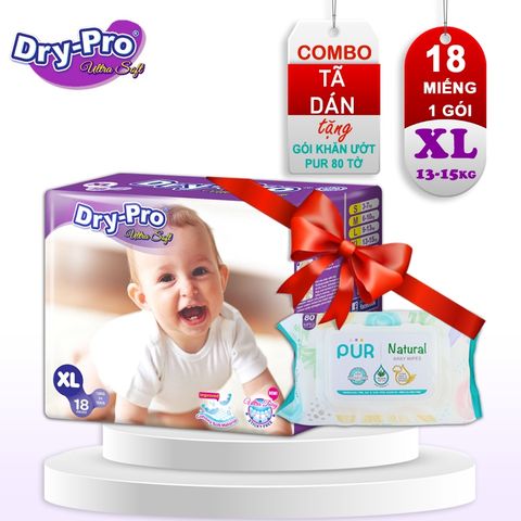  Combo Tã/bỉm dán Dry-Pro XL18 (13kg-15kg) + tặng 1 gói khăn ướt Pur 80 tờ cho bé 