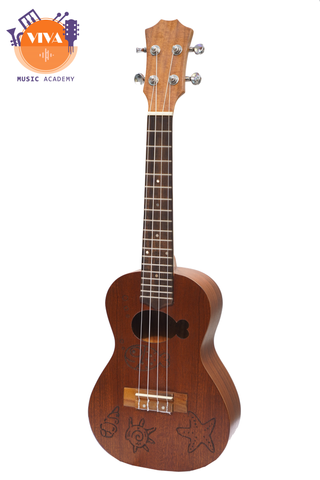 Ukulele gỗ khắc hình cá size 23