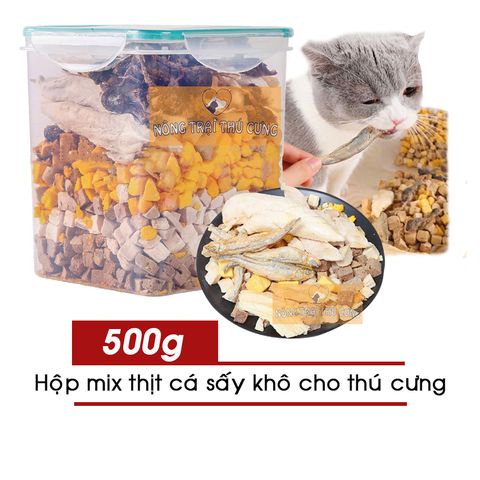  (NHÃN TRẮNG) Hộp Thịt Cá Sấy Khô 500g Cho Chó Mèo - Mix 8 loại 