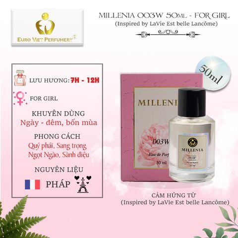  Nước Hoa Nữ Euro Viet, MILLENIA 003W 50ml (Inspired by LaVie Est belle Lancôme) 