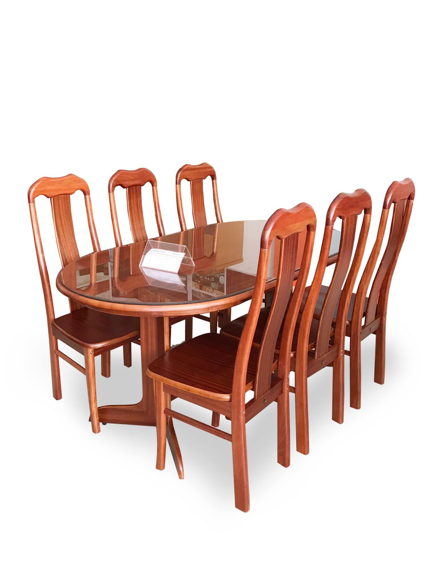 BỘ BÀN ĂN OVAL 1M6 + 6 GHẾ ĐẦU BÒ