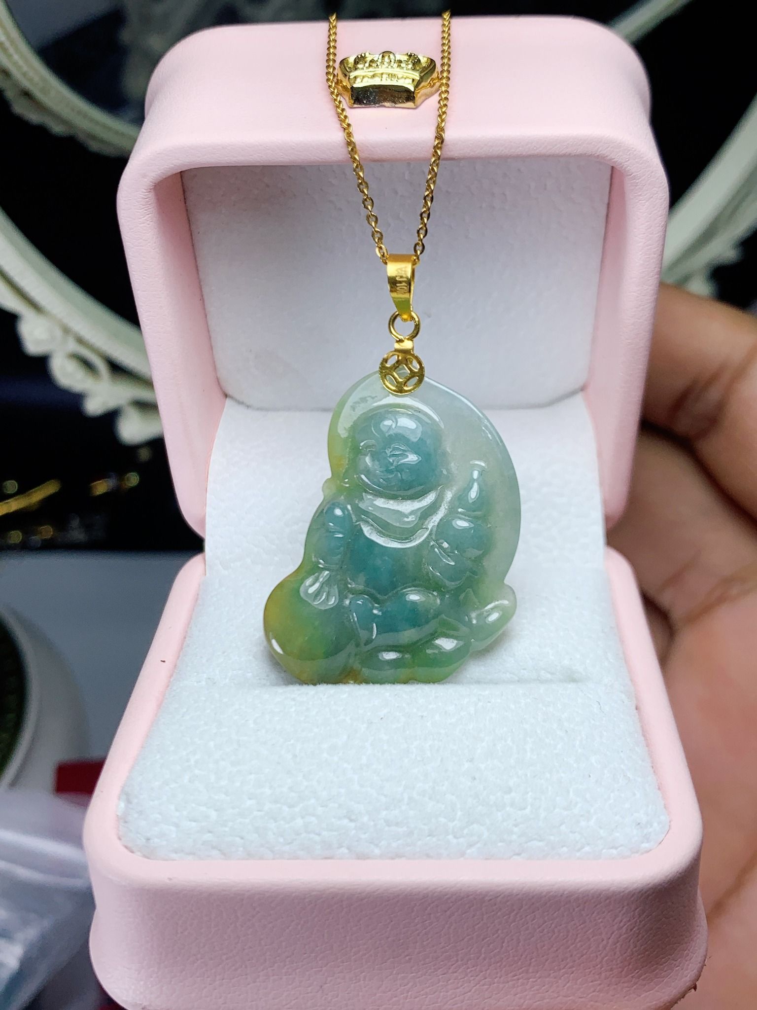 Mặt dây phật di lặc lam ngọc jade A cầm bình hồ lô như ý và túi tiền