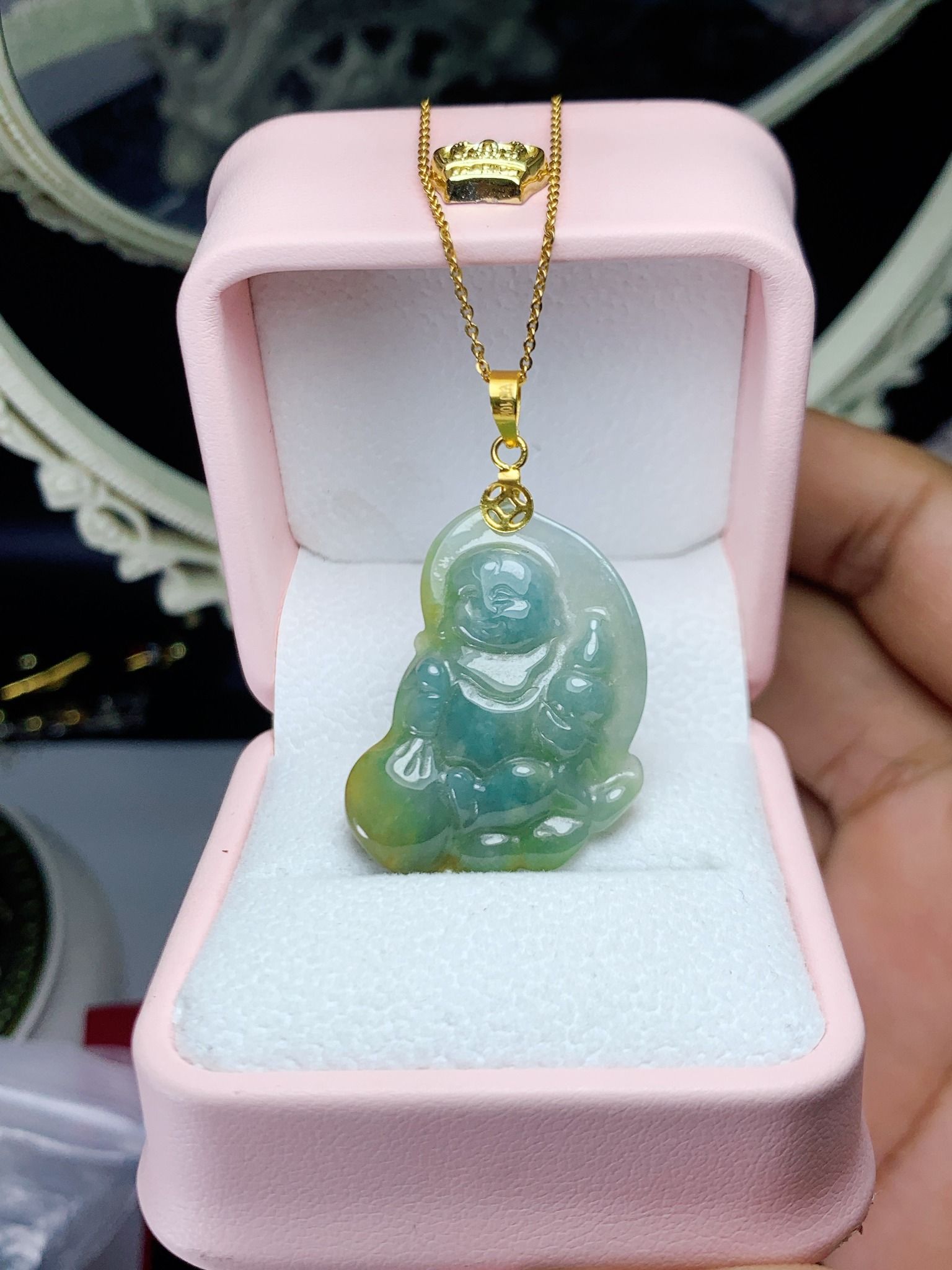 Mặt dây phật di lặc lam ngọc jade A cầm bình hồ lô như ý và túi tiền