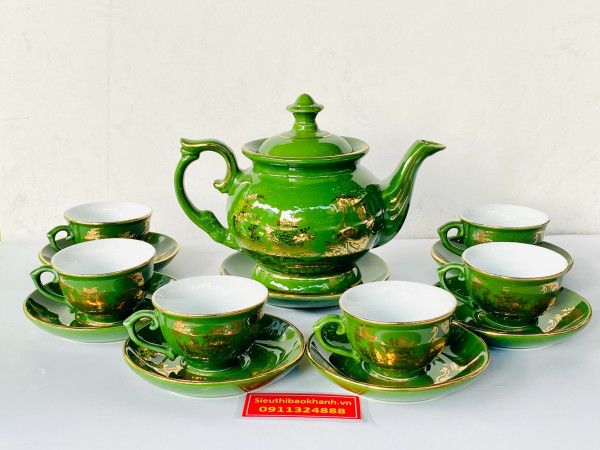 Bộ Ấm Phú Quý Bát Tràng Xanh Lục Bảo Men Ngọc Vẽ Vàng Cao Cấp