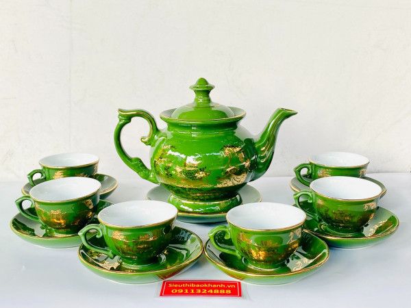 Bộ Ấm Phú Quý Bát Tràng Xanh Lục Bảo Men Ngọc Vẽ Vàng Cao Cấp
