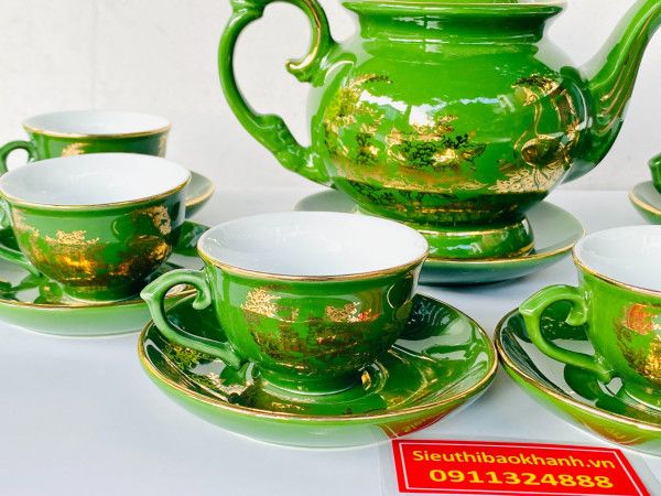 Bộ Ấm Phú Quý Bát Tràng Xanh Lục Bảo Men Ngọc Vẽ Vàng Cao Cấp