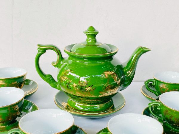 Bộ Ấm Phú Quý Bát Tràng Xanh Lục Bảo Men Ngọc Vẽ Vàng Cao Cấp