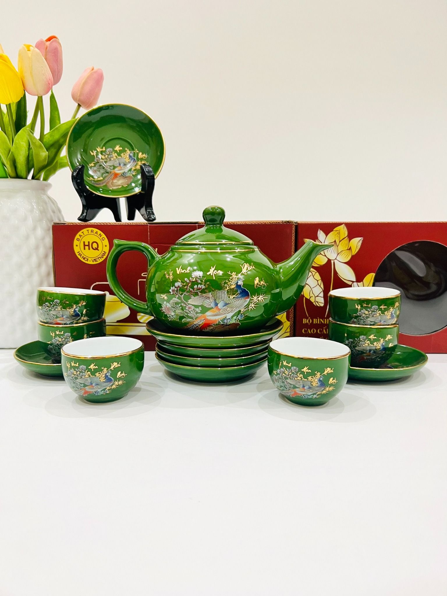 Bộ Ấm Chén Bát Tràng Cao Cấp Vinh Hoa Phú Quý Dáng Bầu Dẹt Dung Tích 500ml