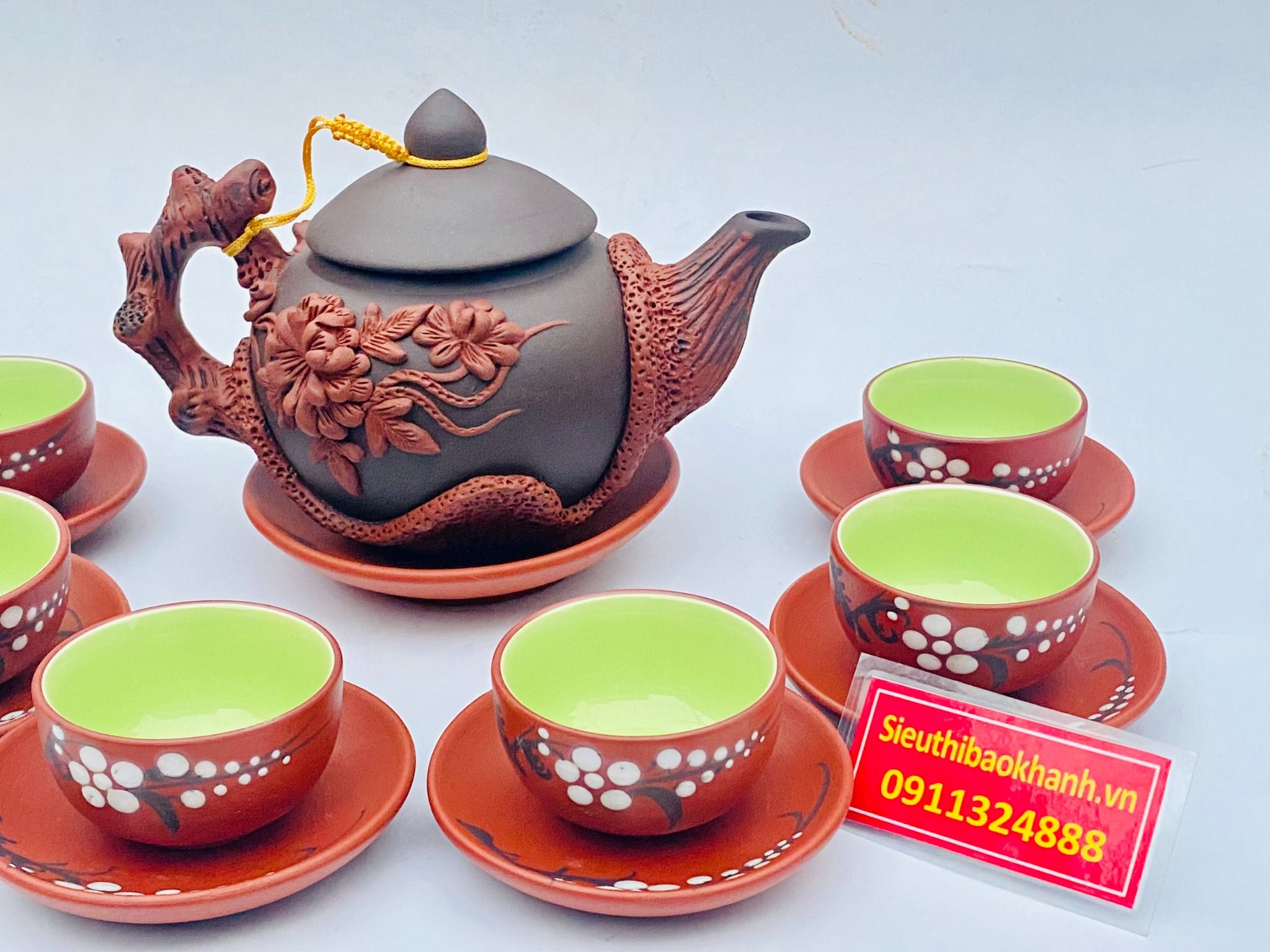 bộ ấm chén tử sa hoa phù dung đỏ đen bát tràng