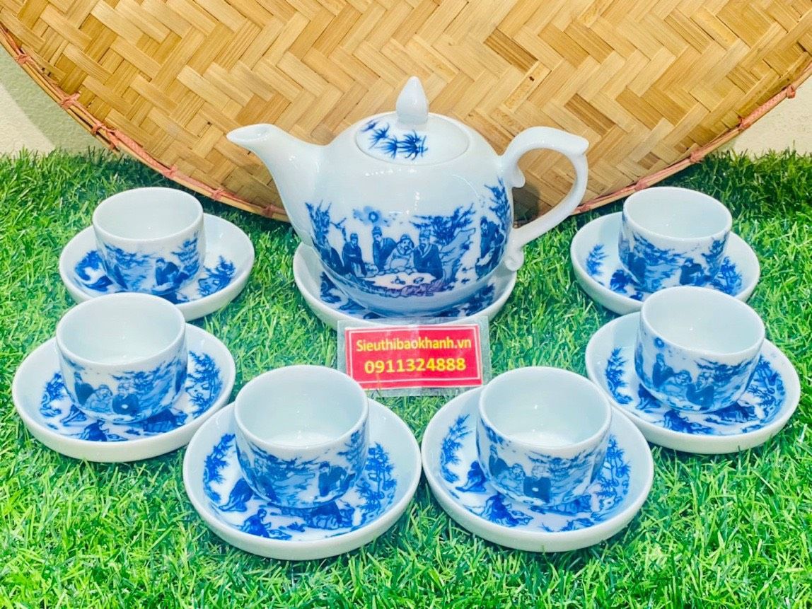 Bộ Ấm Chén Bát Tràng Men Lam Hoạ Tiết Trúc Lâm Thất Hiền Cao Cấp