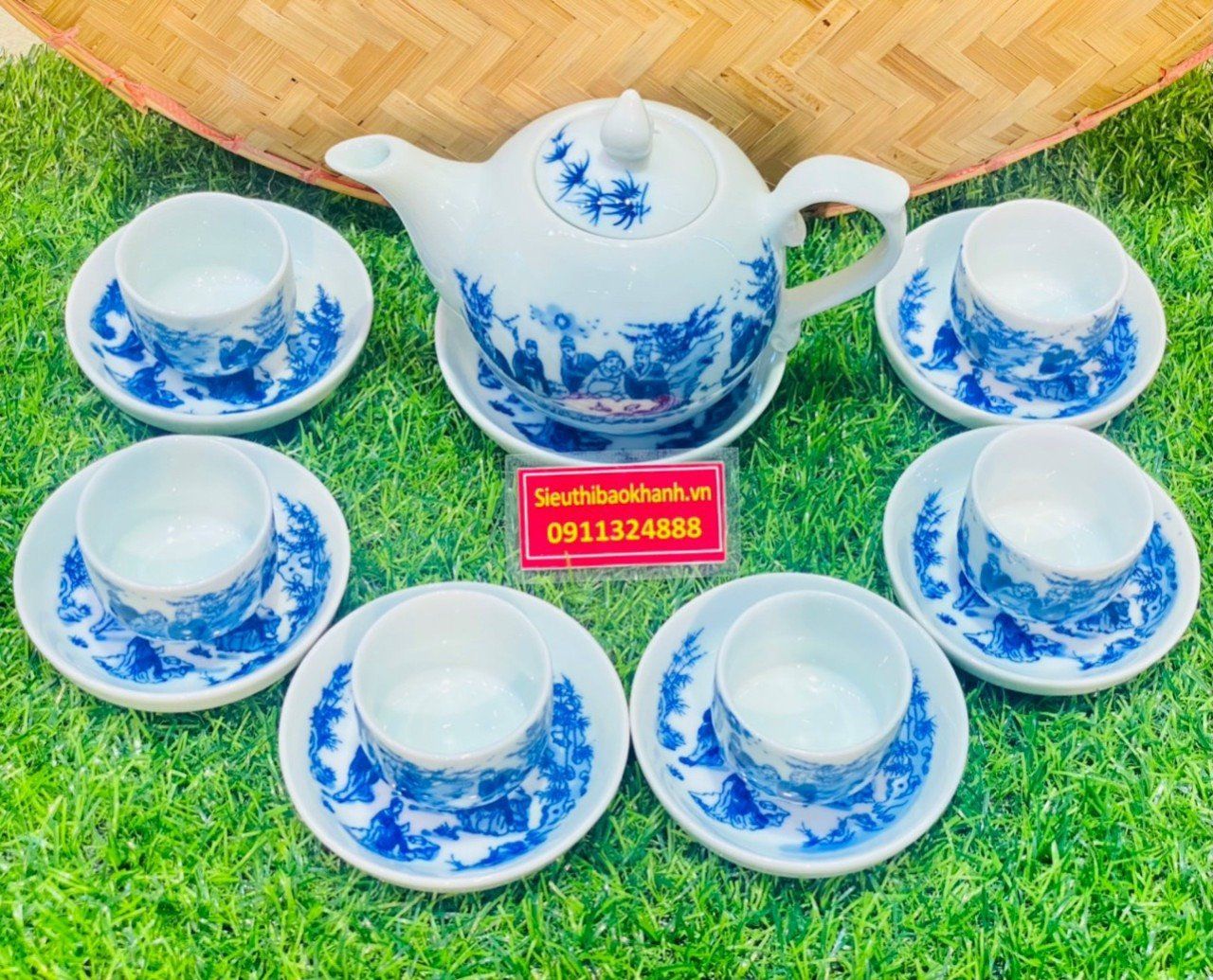 Bộ Ấm Chén Bát Tràng Men Lam Hoạ Tiết Trúc Lâm Thất Hiền Cao Cấp