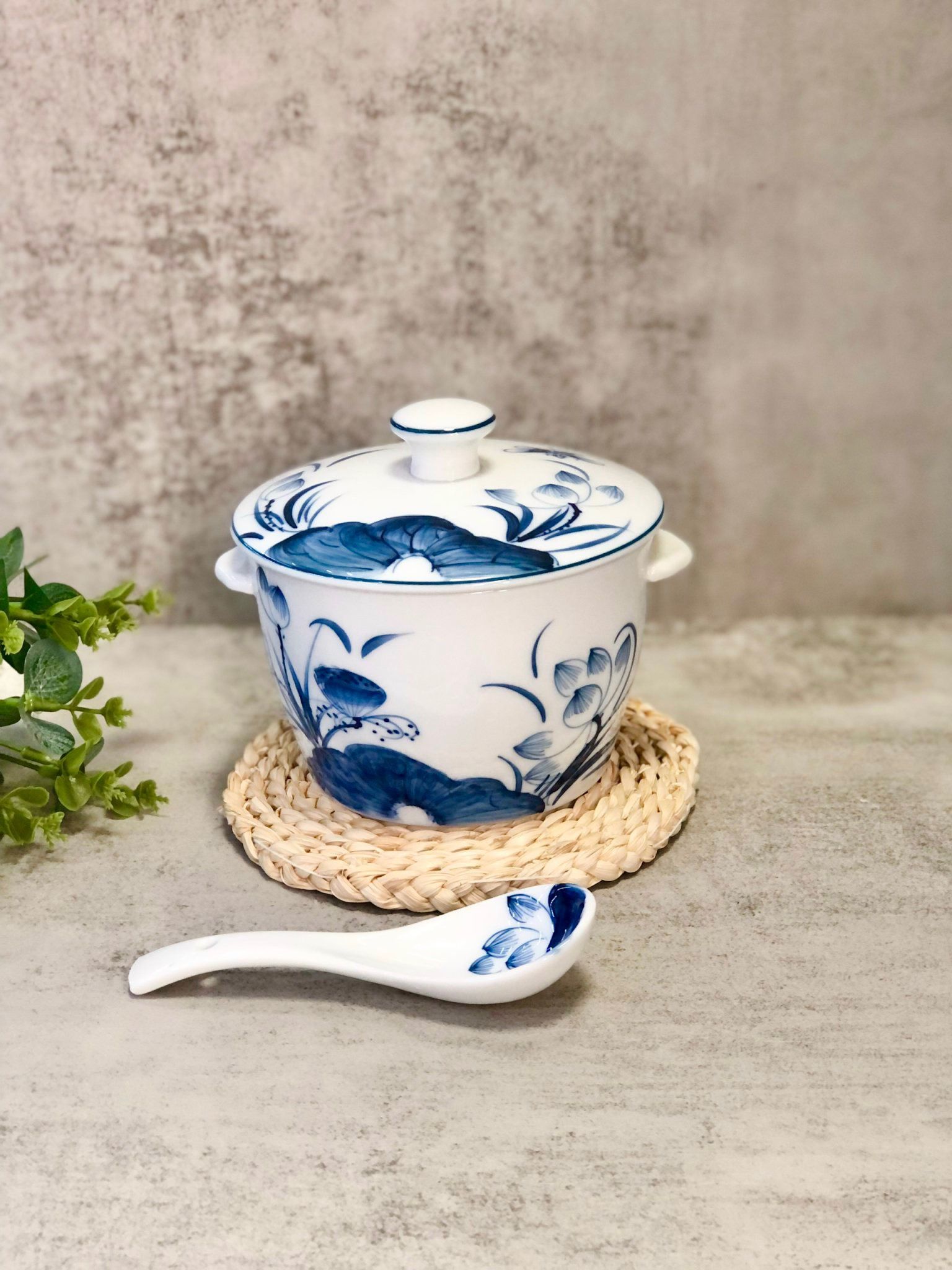 Thố Chưng Yến Bát Tràng Cao Cấp vẽ tay hoạ tiết Sen Phú Quý Trường Thọ Xanh Chàm Dung Tích 650ml