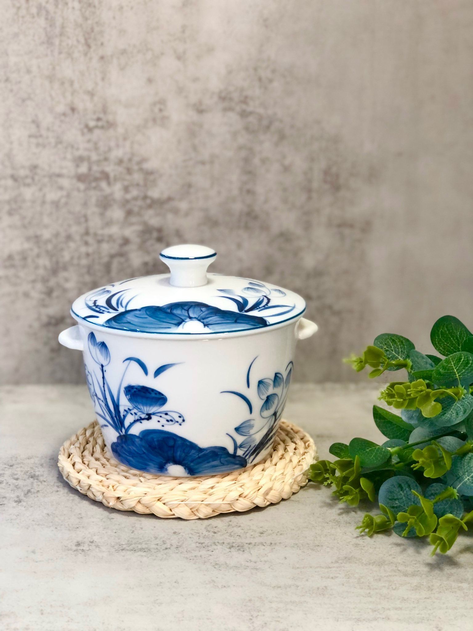 Thố Chưng Yến Bát Tràng Cao Cấp vẽ tay hoạ tiết Sen Phú Quý Trường Thọ Xanh Chàm Dung Tích 650ml