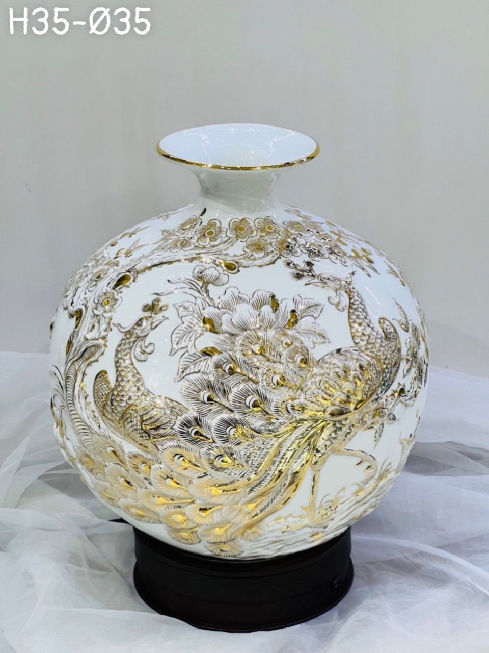 Bình Hút Lộc Đắp Nổi Công Đào (Trường Xuân Phú Quý) Vẽ Vàng 24K Bát Tràng Cao Cấp
