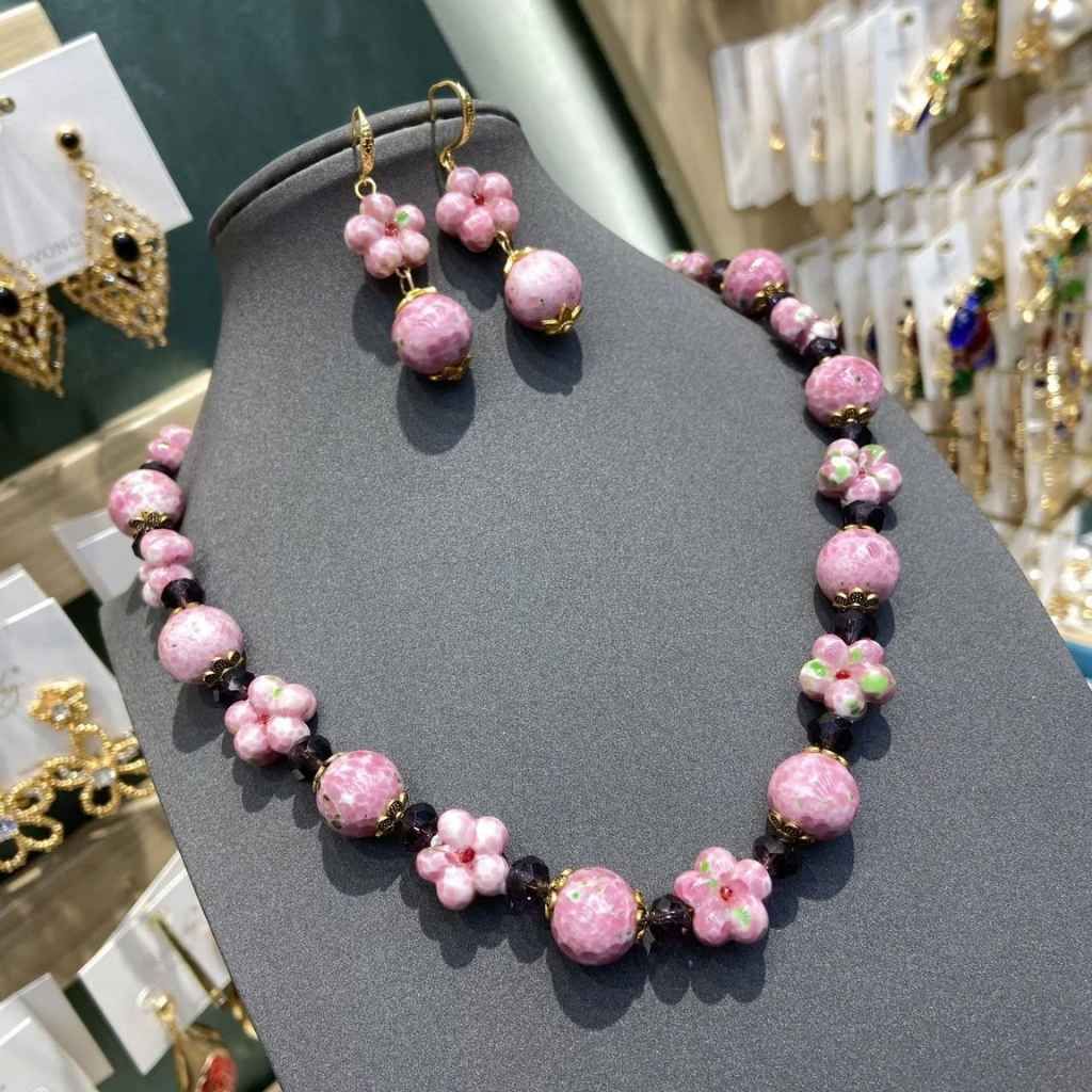 Set vòng cổ – bông tai hồng hoa mai vintage BKSTCN-9165