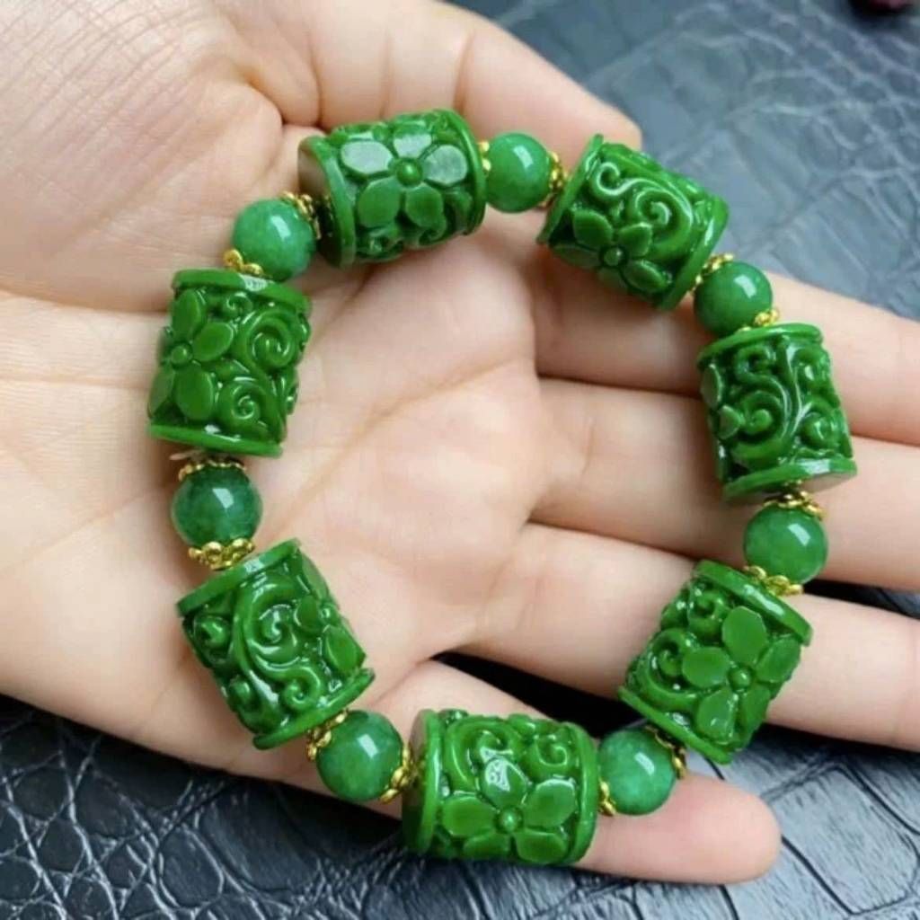 Vòng tay đá xanh khắc hoa BKSTCN-9186