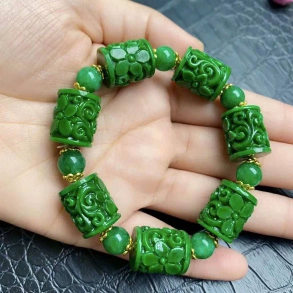 Vòng tay đá xanh khắc hoa BKSTCN-9186
