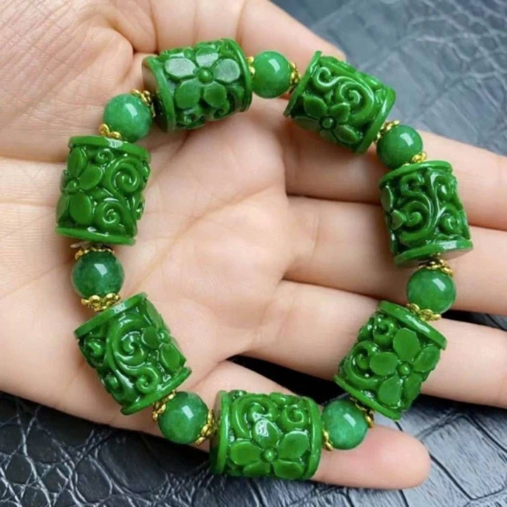 Vòng tay đá xanh khắc hoa BKSTCN-9186