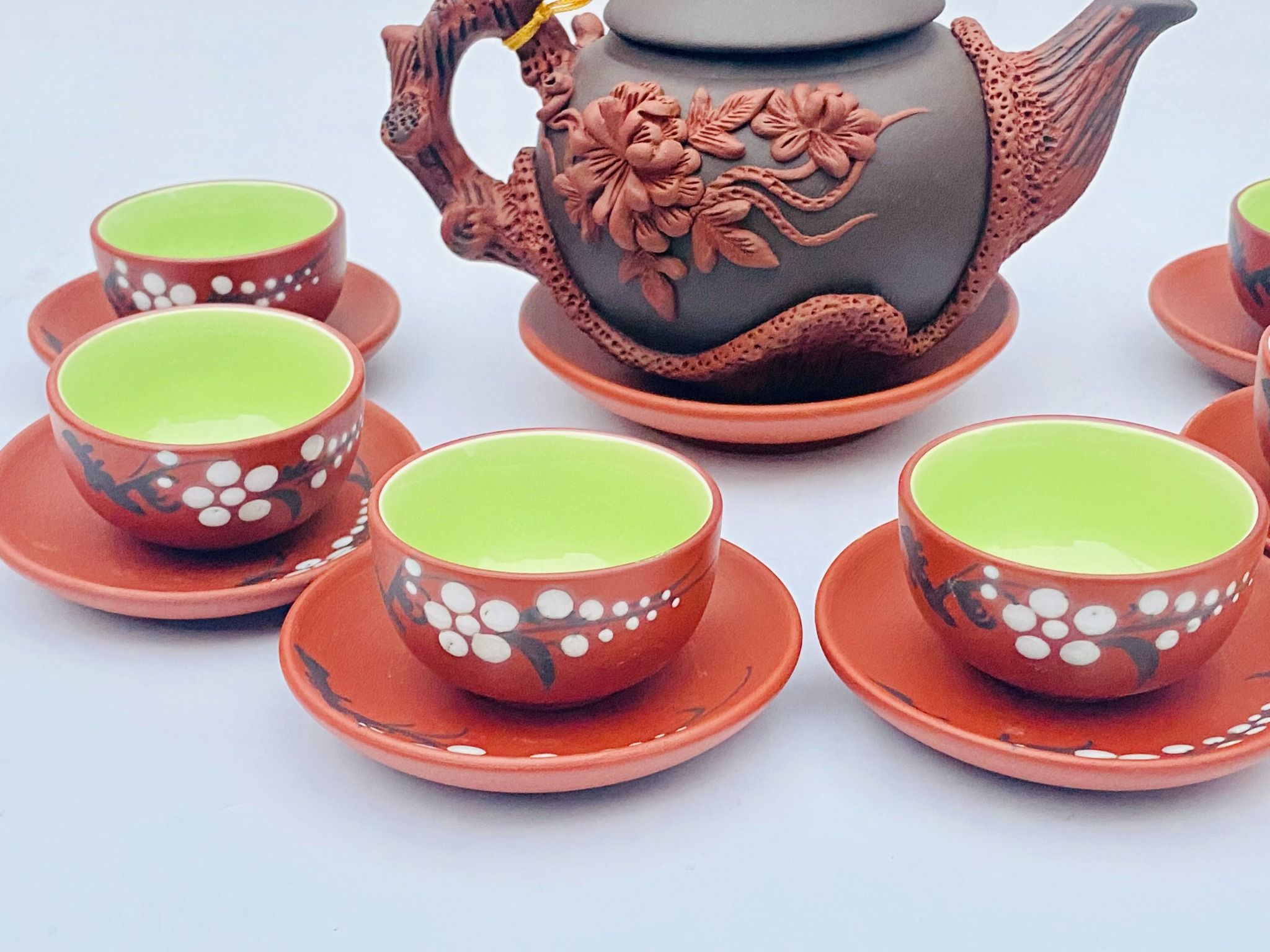 bộ ấm chén tử sa hoa phù dung đỏ đen bát tràng