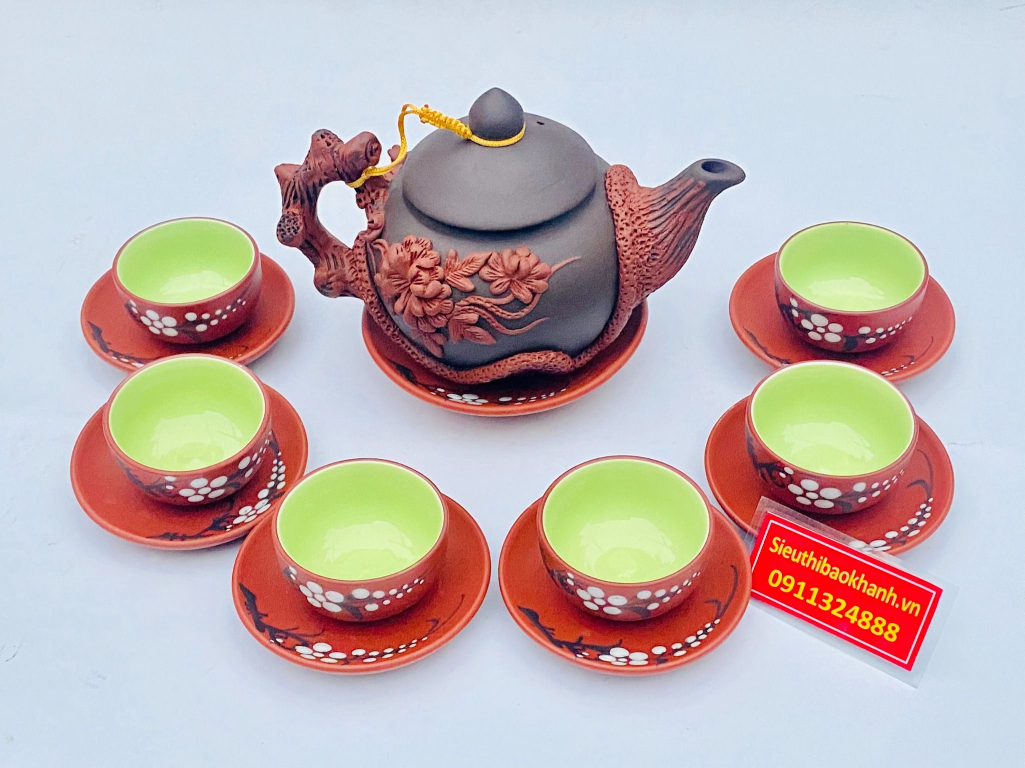 bộ ấm chén tử sa hoa phù dung đỏ đen bát tràng