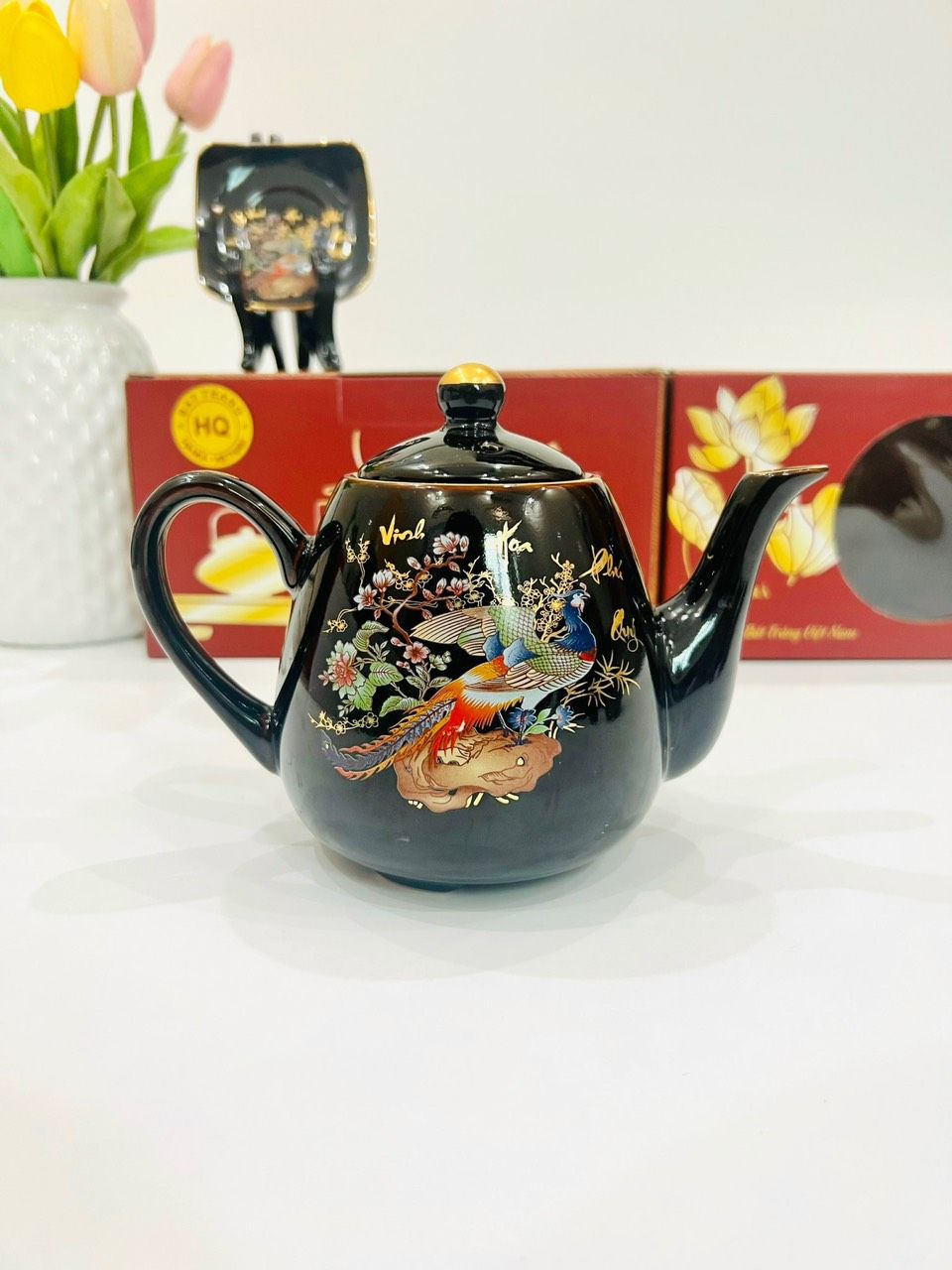Bộ ấm chén Bát Tràng cao cấp Vinh Hoa Phú Quý dáng chung cao dung tích 600ml