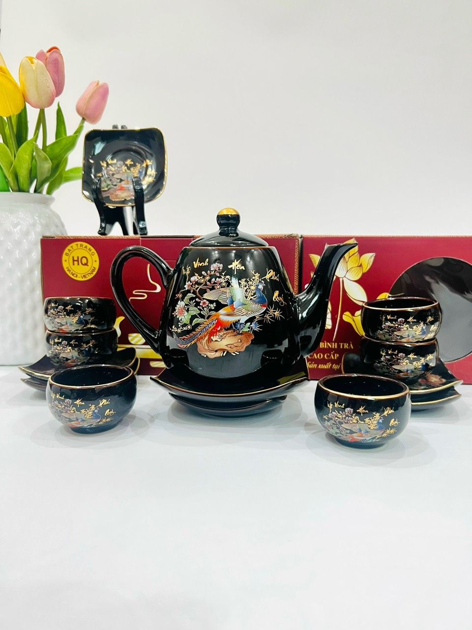Bộ ấm chén Bát Tràng cao cấp Vinh Hoa Phú Quý dáng chung cao dung tích 600ml