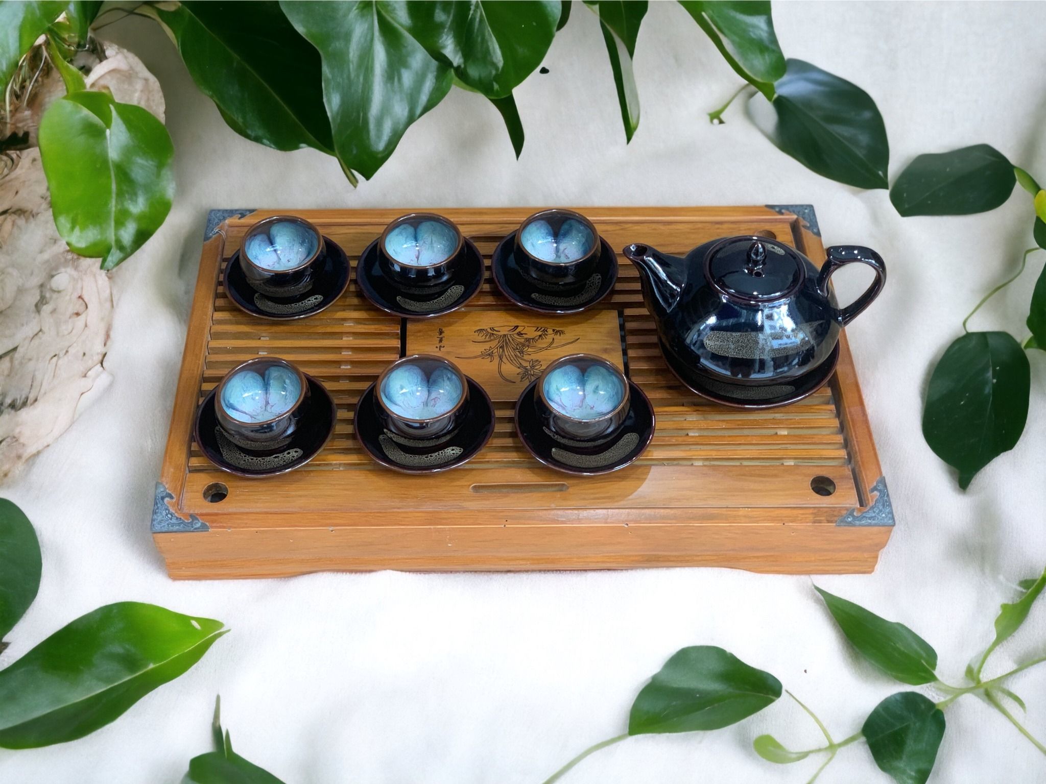 Bộ Ấm Chén Hoả Biến Men Quệt Bát Tràng Dáng Thiên Nga Lòng Hoa Cao Cấp