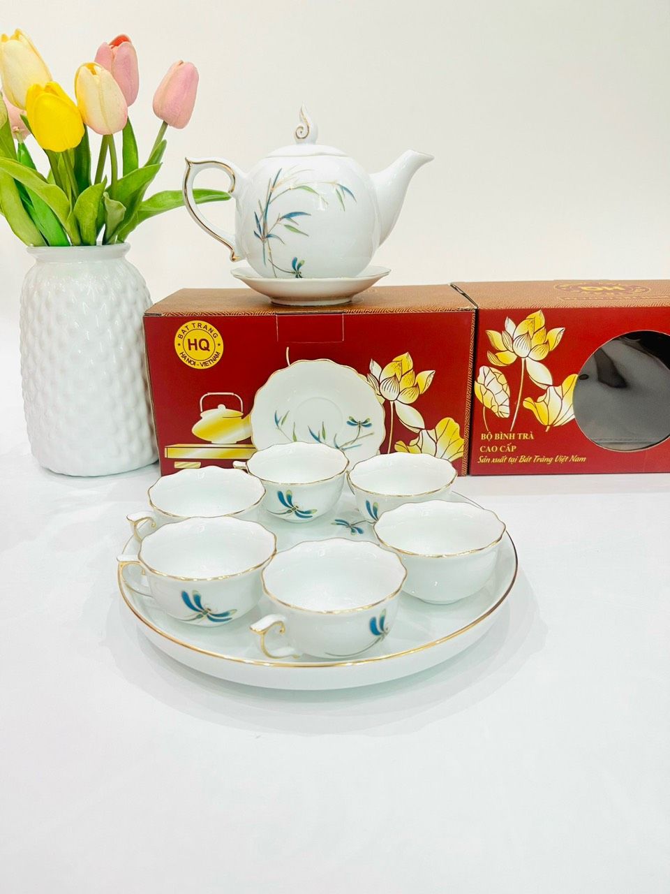 Bộ ấm chén Bát Tràng vẽ Thanh Trúc dáng mẫu đơn cao cấp