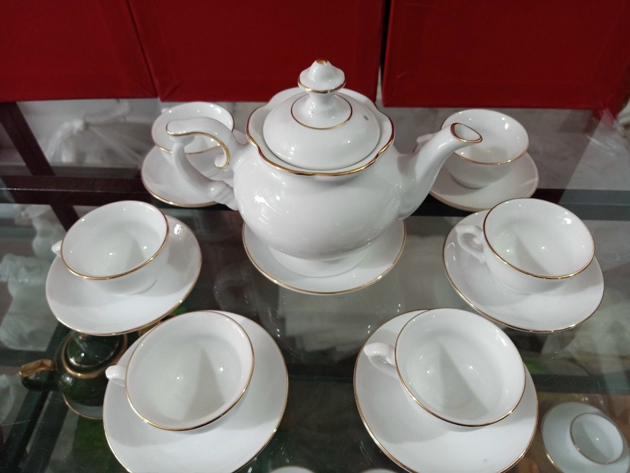 Bộ Ấm Chén Bát Tràng Trắng Sứ Viền Vàng Nâu Cao Cấp