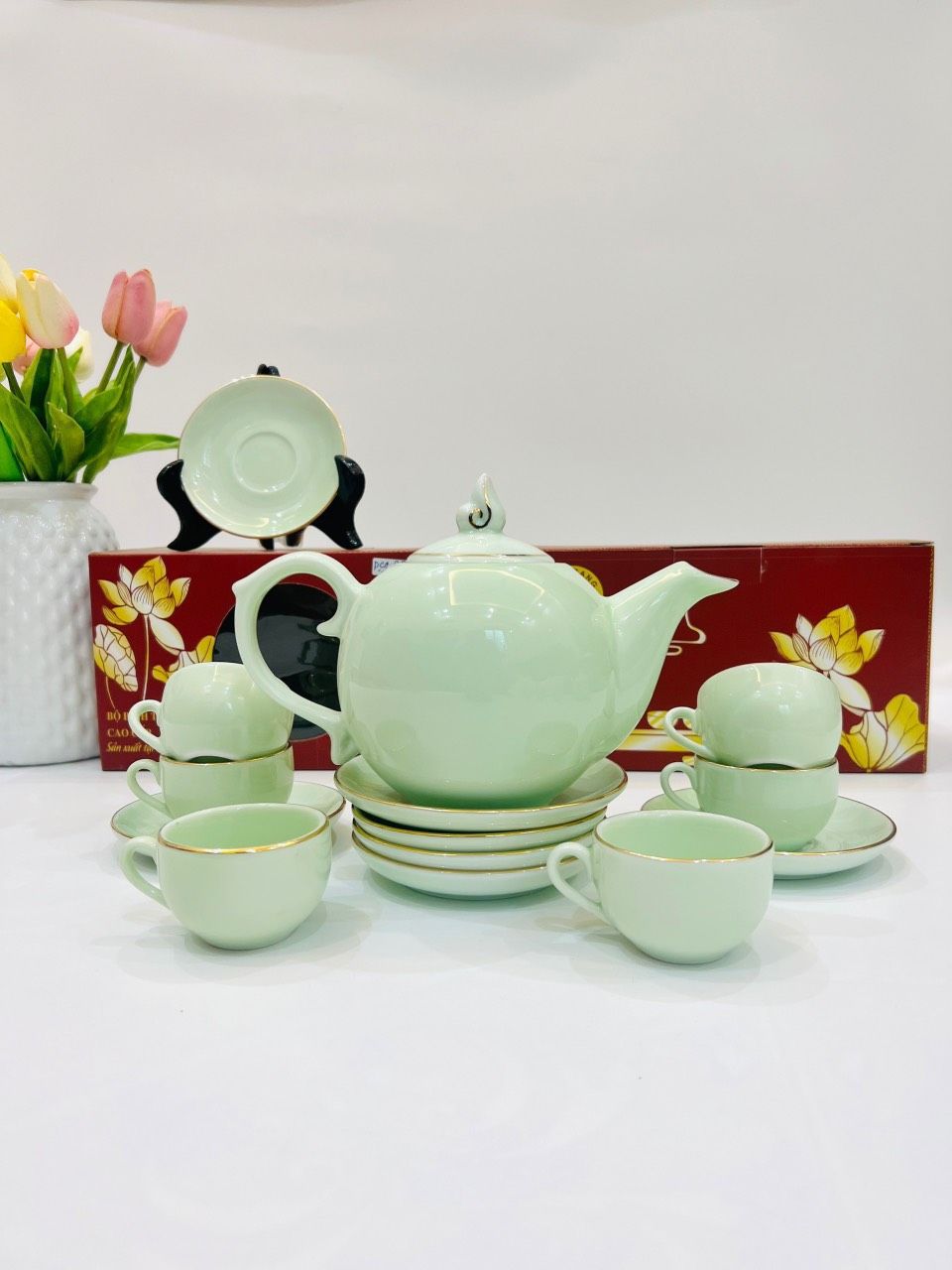 BỘ ẤM CHÉN GỐM XỨ BÁT TRÀNG DÁNG BƯỞI CÀNH, CHÓP LỬA NGỌC S2