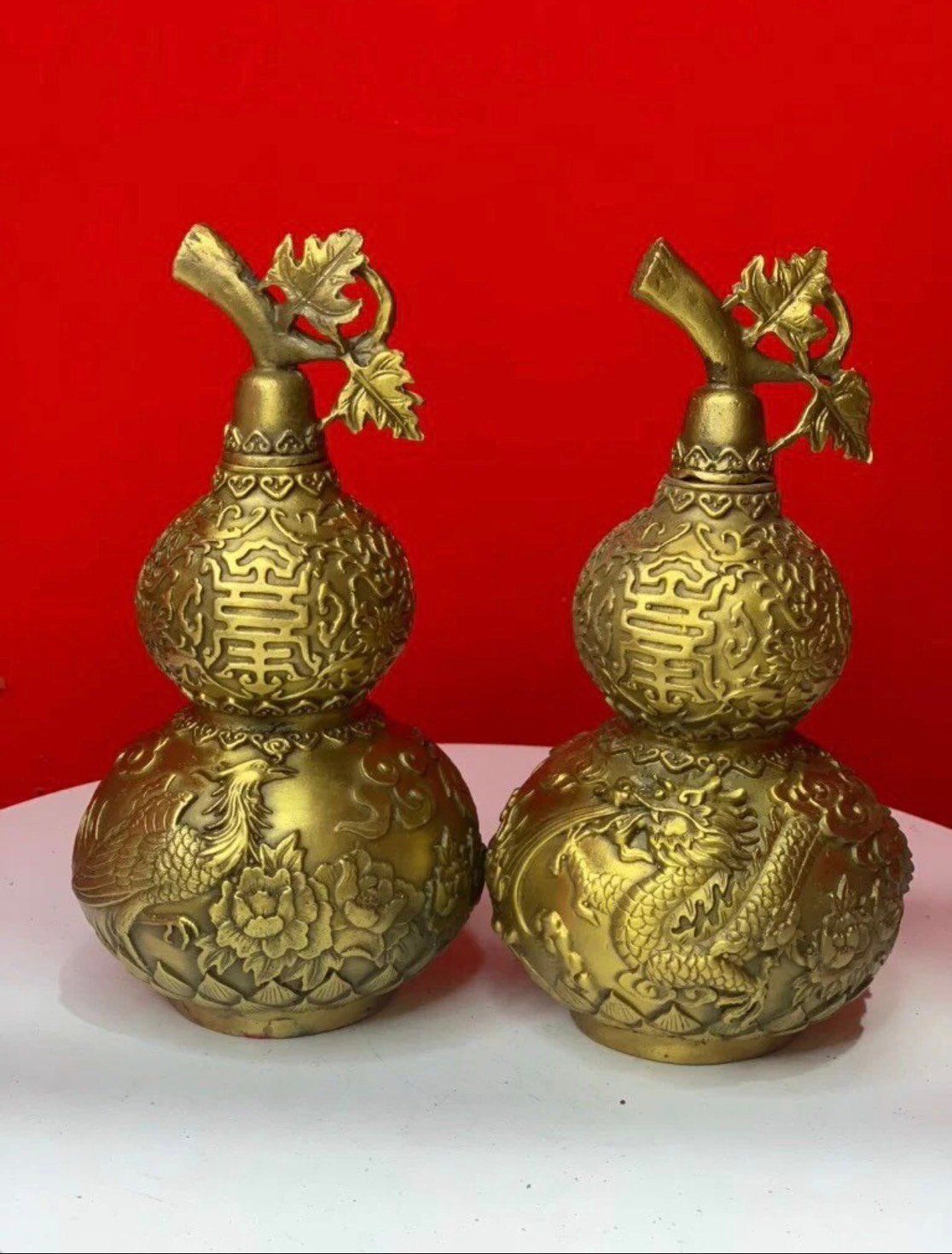 Cặp Hồ Lô Long Phụng Phong Thuỷ Bằng Đồng Vàng Cao Cấp