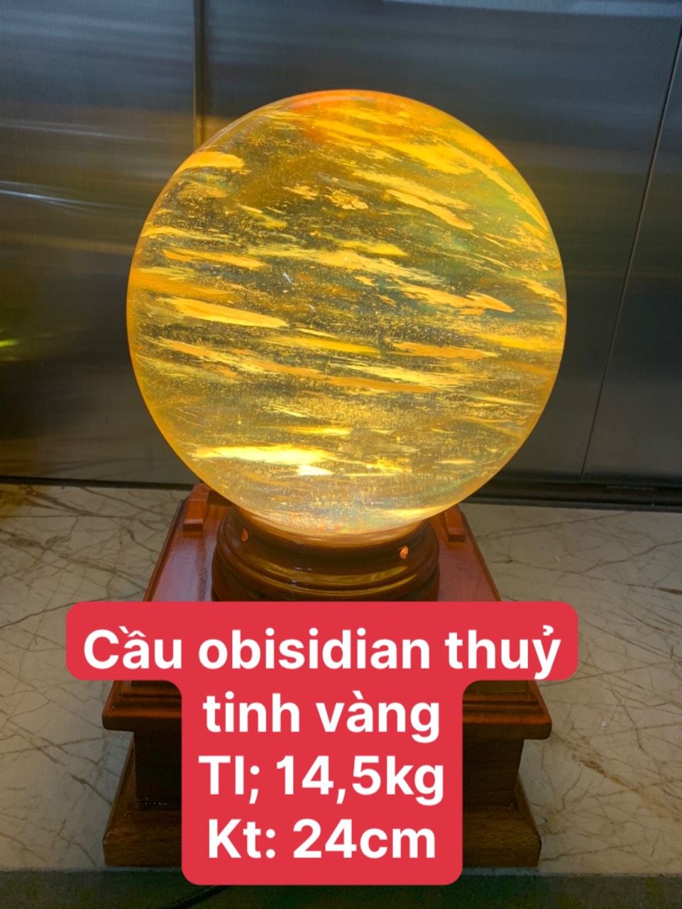 Quả Cầu Obsidian Thuỷ Tinh Vàng Cao Cấp 14,5 kg - 24cm