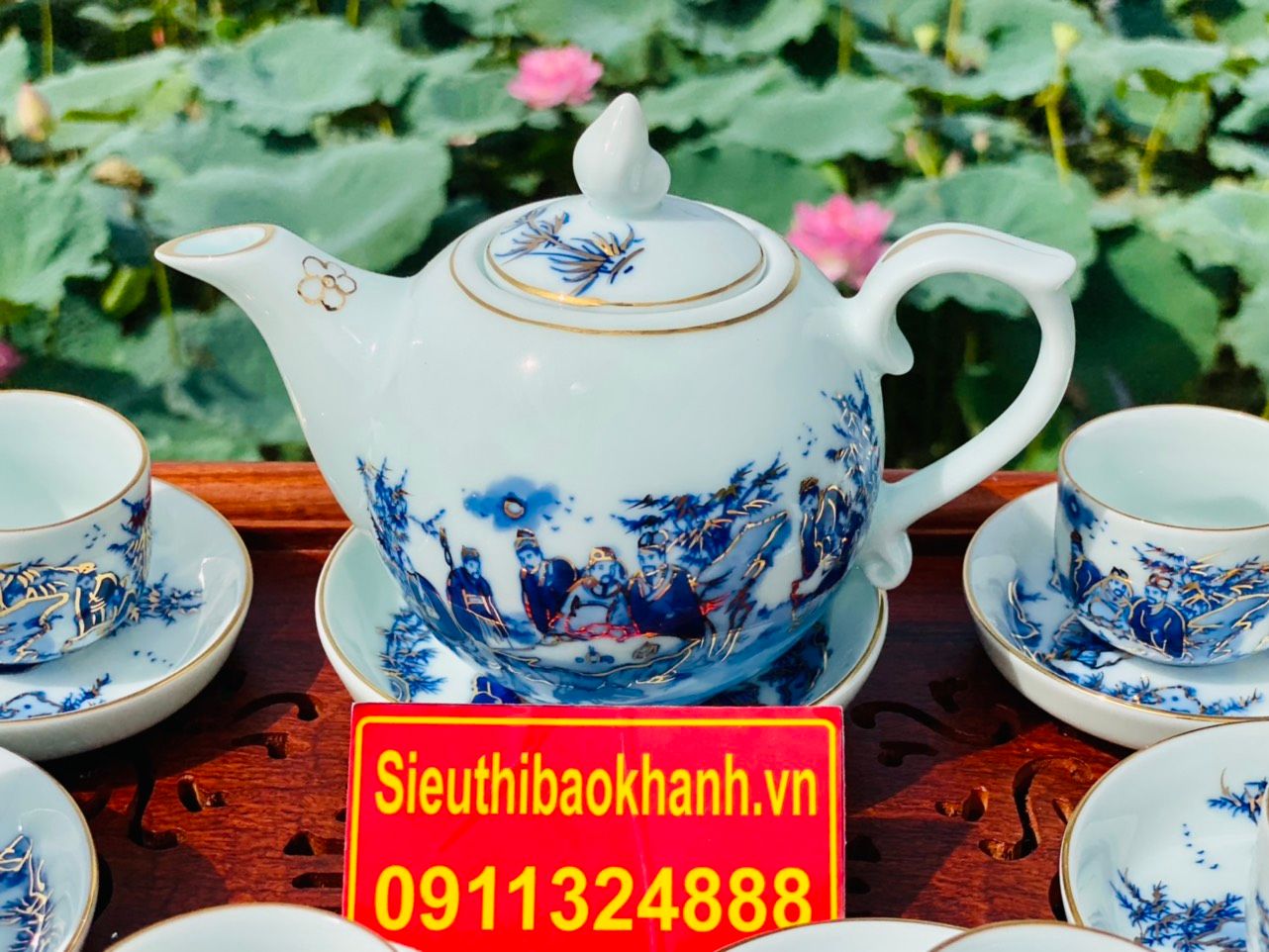 ấm chén sứ trắng vẽ men lam nhà lò bát tràng