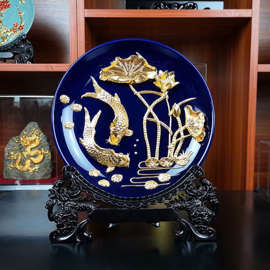 Đĩa cảnh gốm sứ trang trí hoạ tiết cá chép BKCECN-9090