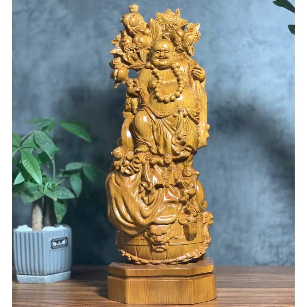 Di Lặc Ngũ Phúc Gánh Đào Gỗ Bách Xanh BKWOVN-9155