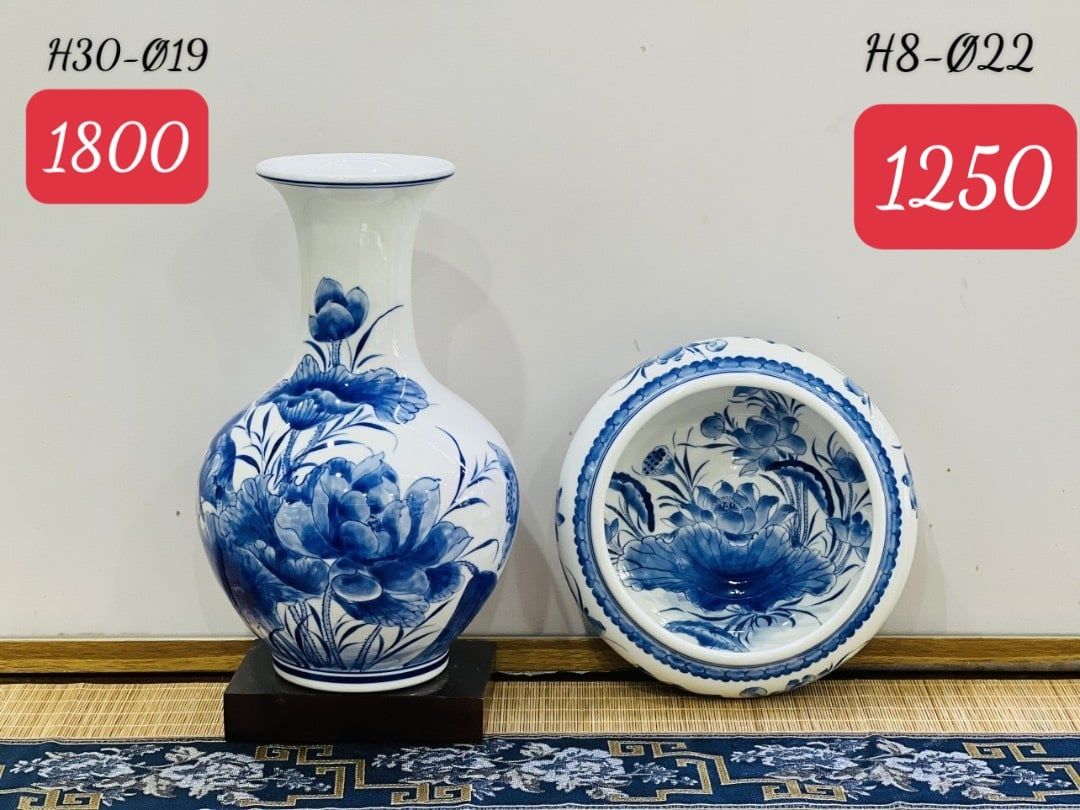 Lọc Lộc Bình Dáng Củ Tỏi Vẽ Hoa Sen Cao 30cm - Đĩa Hoa Sen Cao 8cm