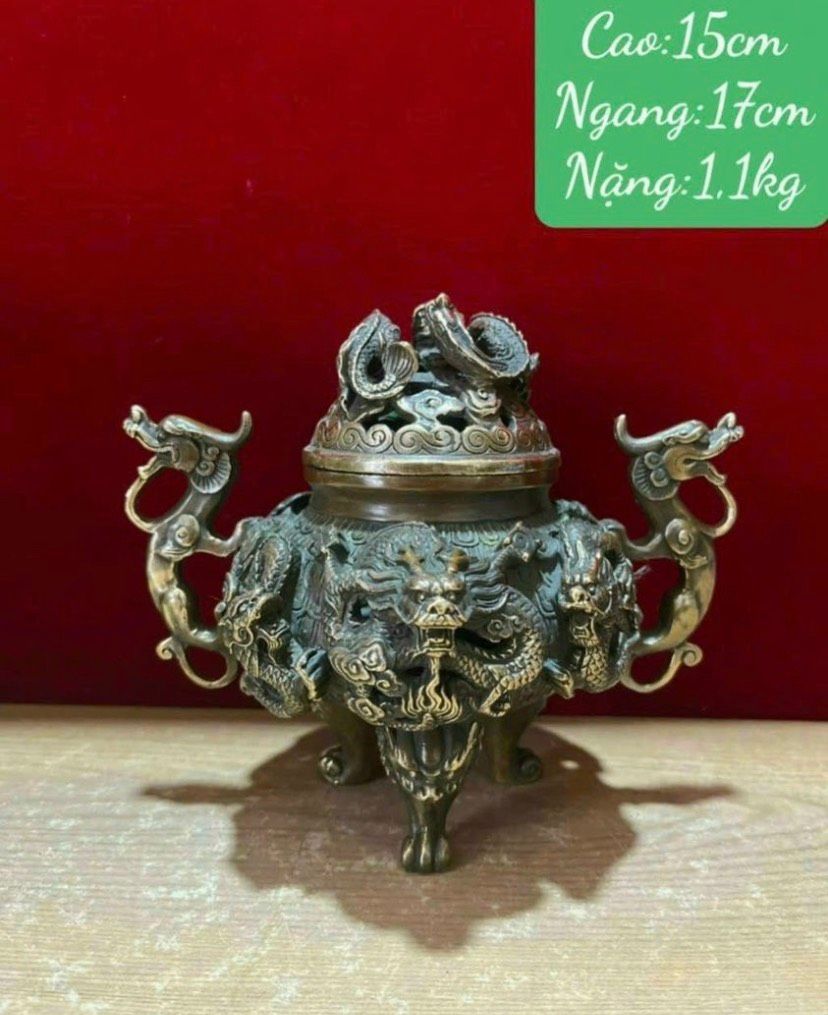 Lư Xông Trầm Cửu Long Bằng Đồng Vàng Cao 15cm