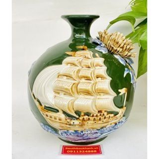 Bình hút lộc men xanh họa tiết Thuận Buồm Xuôi Gió Bát Tràng cao 25cm