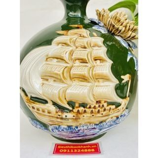 Bình hút lộc men xanh họa tiết Thuận Buồm Xuôi Gió Bát Tràng cao 25cm