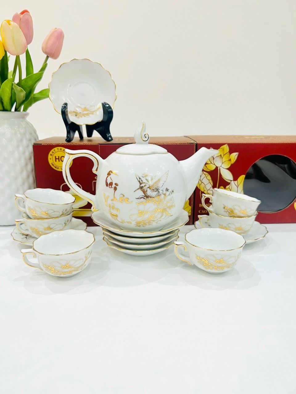 Bộ ấm chén Bát Tràng Tài Lộc Viên Mãn dáng mẫu đơn cao cấp