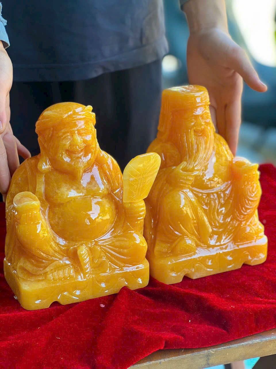 Bộ Thần Tài Thổ Địa Phong Thuỷ Đá Ngọc Hoàng Long Cao 15cm