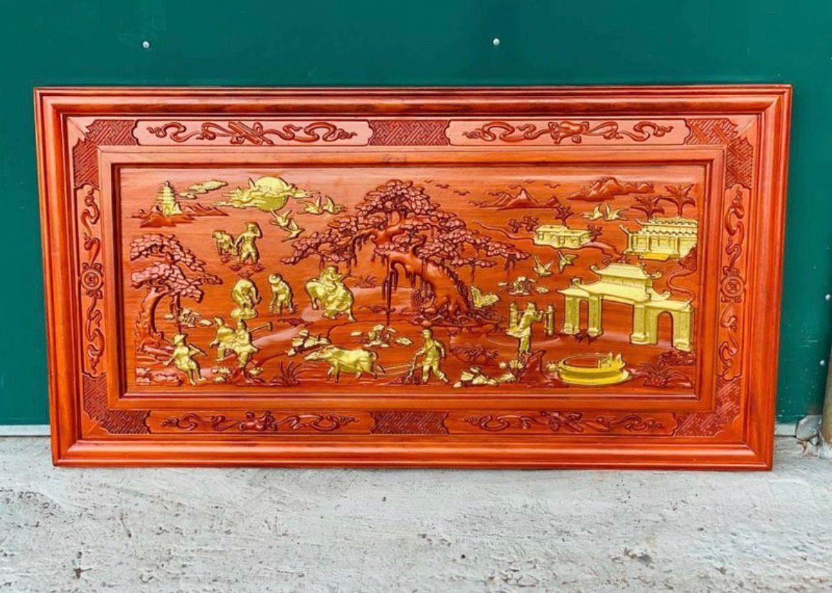 Tranh Gỗ Hương Phong Cảnh Đồng Quê Thếp Vàng 1m55cm
