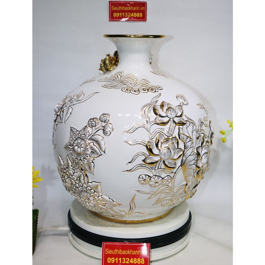Bình hút lộc Bát Tràng đắp nổi vẽ vàng họa tiết thuận buồm xuôi gió 35cm-hàng nghệ nhân
